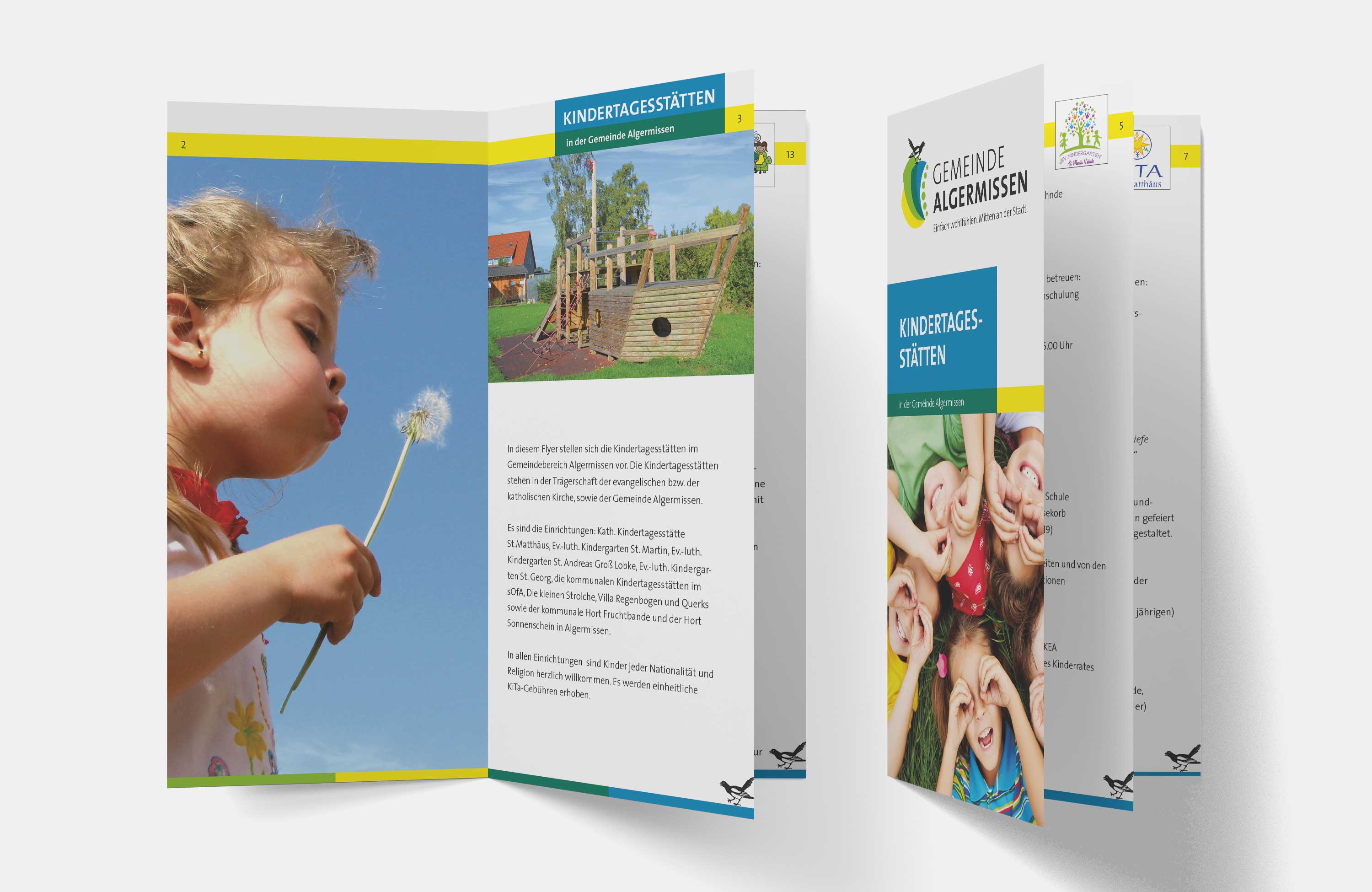 Printdesign Broschüre Din lang mit 16 Seiten für die Gemeinde Algermissen alle Kindertagesstätten Mädchen mit Pusteblume