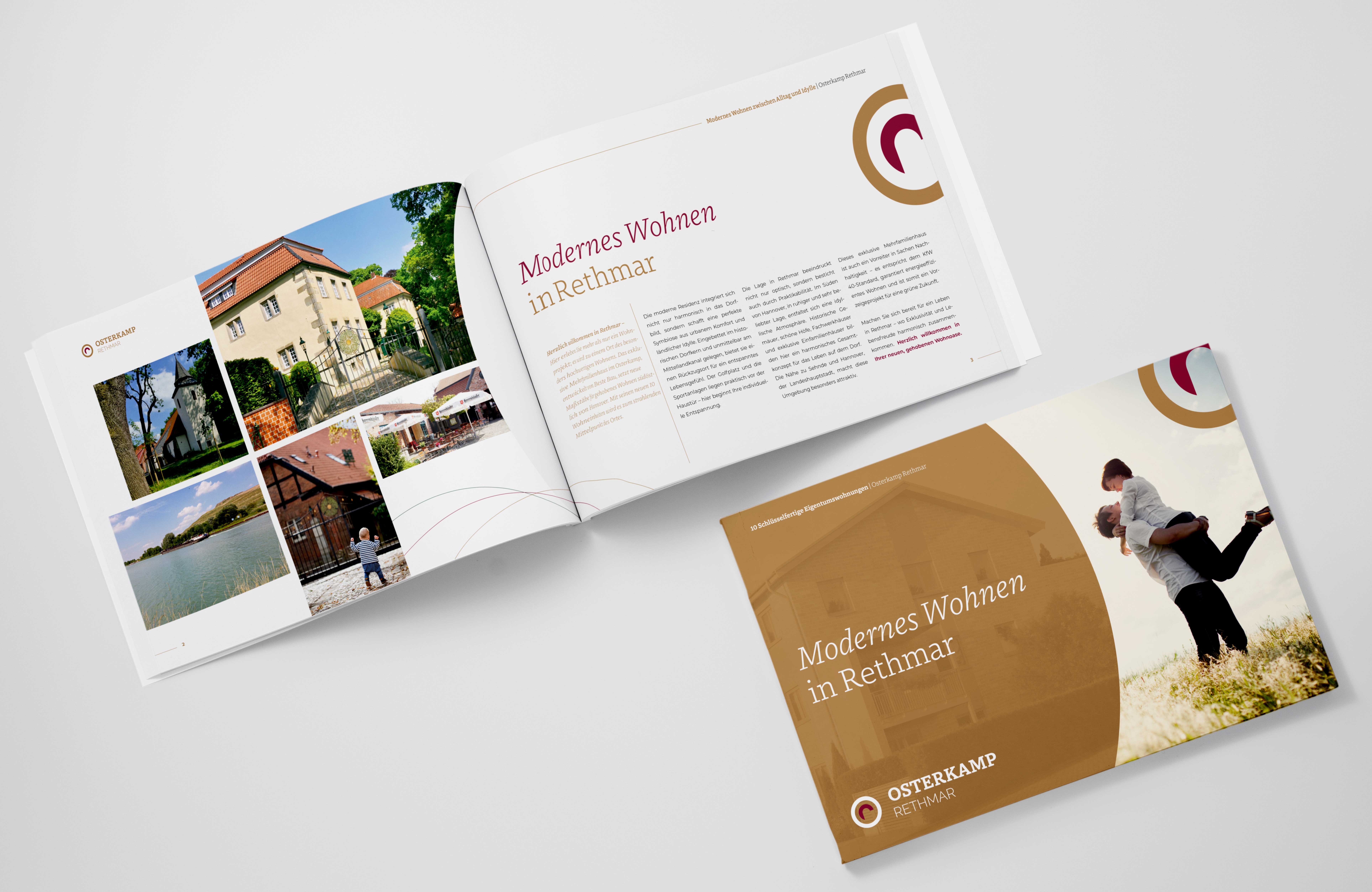 Broschüren Osterkamp Rethmar im Querformat modernes Wohnen in Rethmar mit Bildern und Kreisen Editorial Design