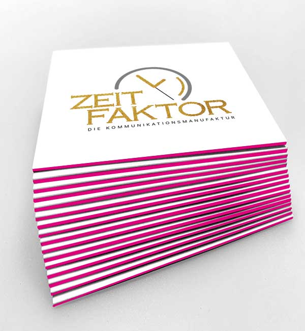 Visitenkarten mit Farbkern magenta und Heissfolienprägung Zeit Faktor
