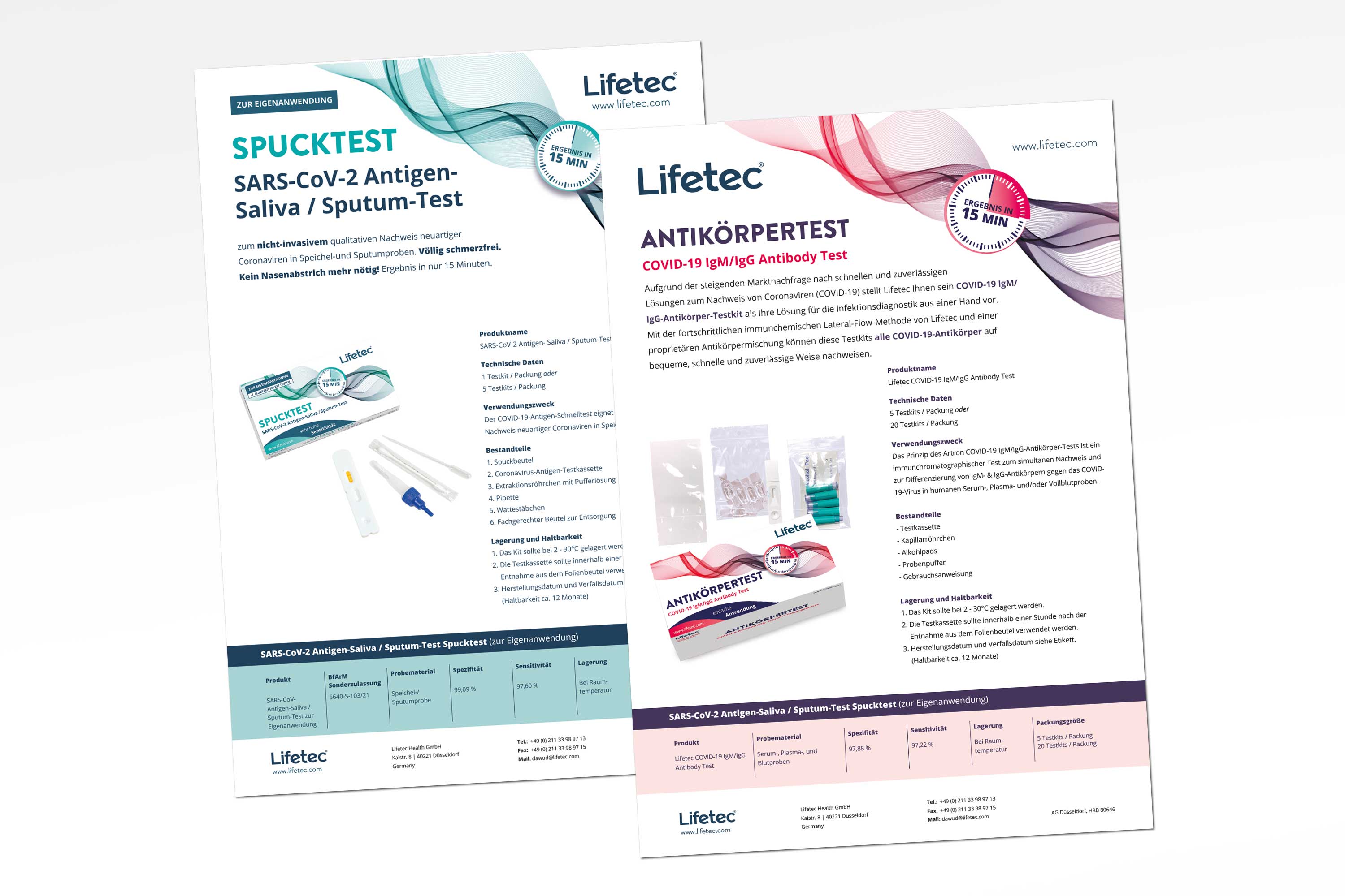 Printdesign Factsheets Antikörpertest und Spucktest in A4 von Lifetec