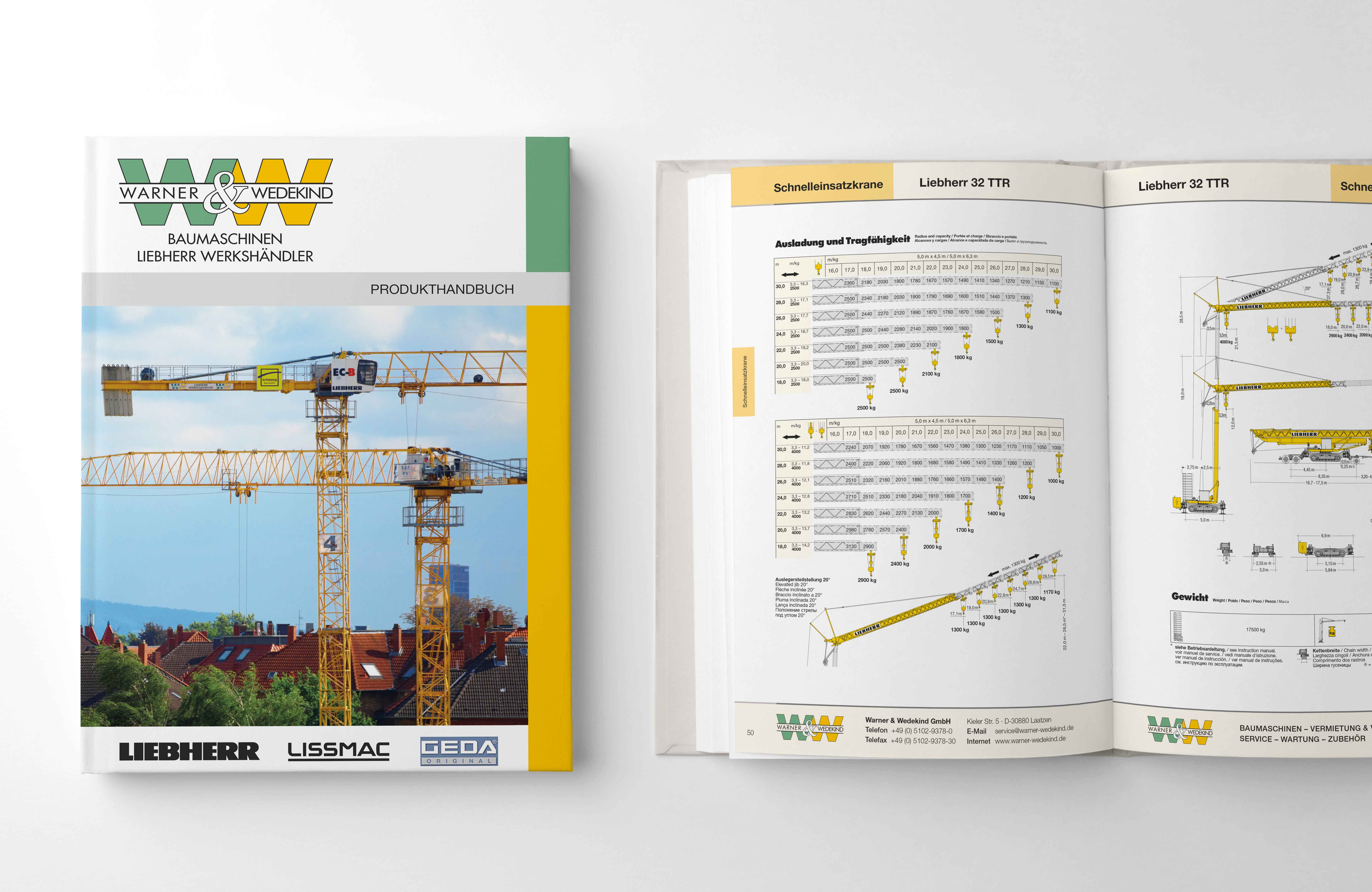 Printdesign Warner und Wedekind Produktkatalog Kran Liebherr Lissmac Geda 400 Seiten