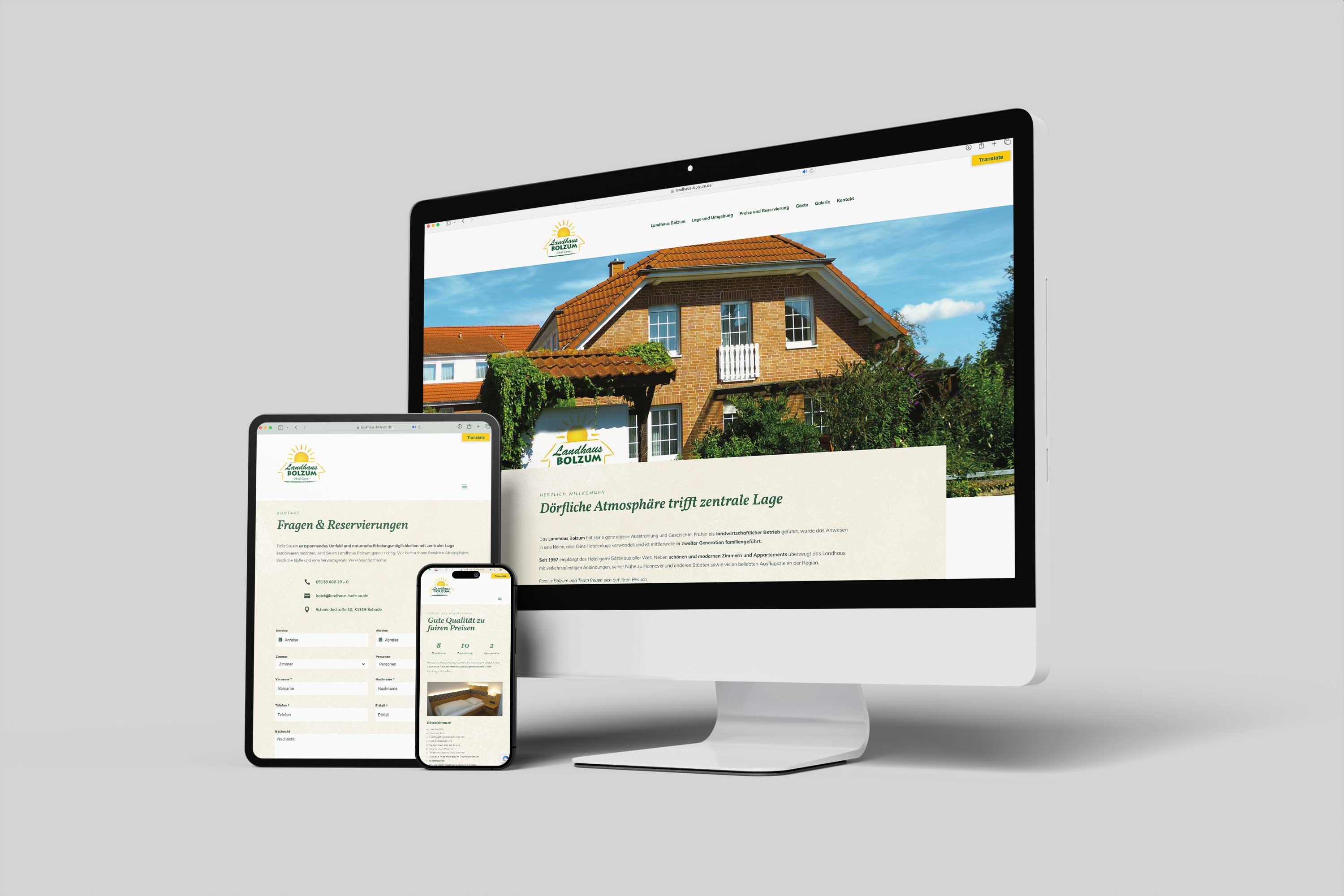 iMac, iPad und iPhone mit Webseite Landhaus Bolzum