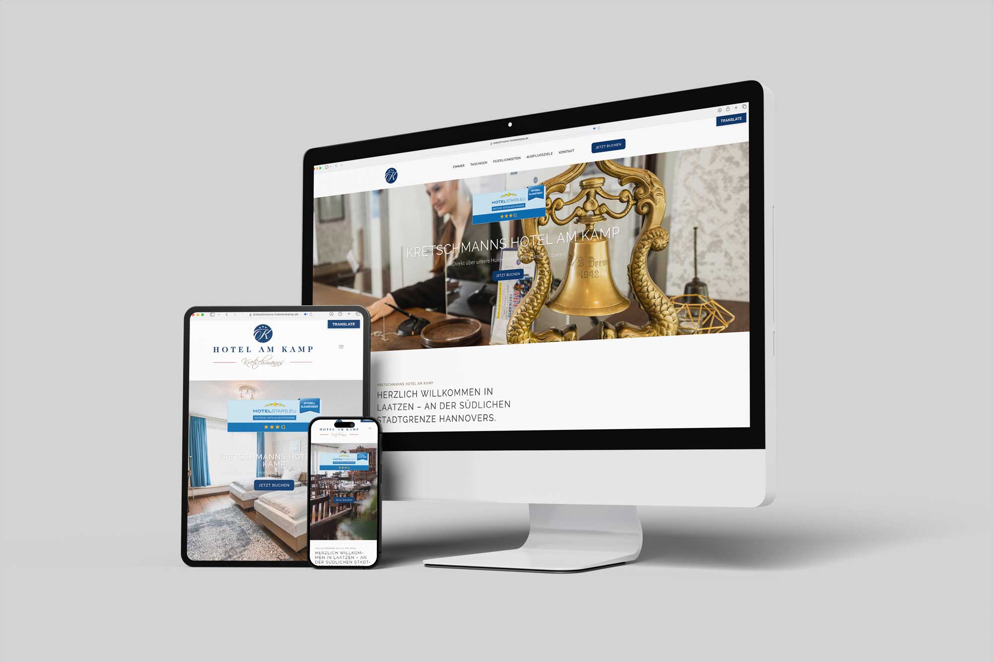 iMac, iPad und iPhone mit Webseite kretschmanns am Kamp