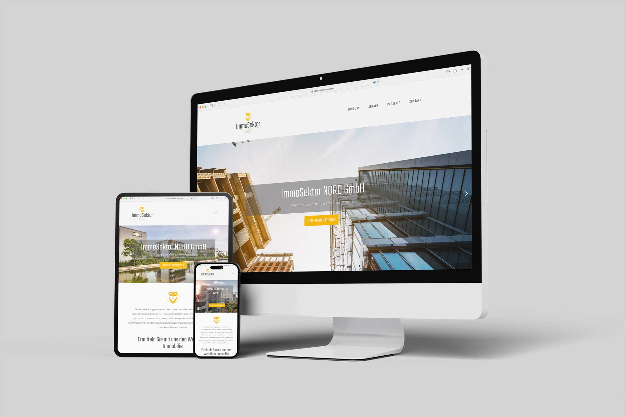 iMac, iPad und iPhone mit Webseite Immosektor Nord