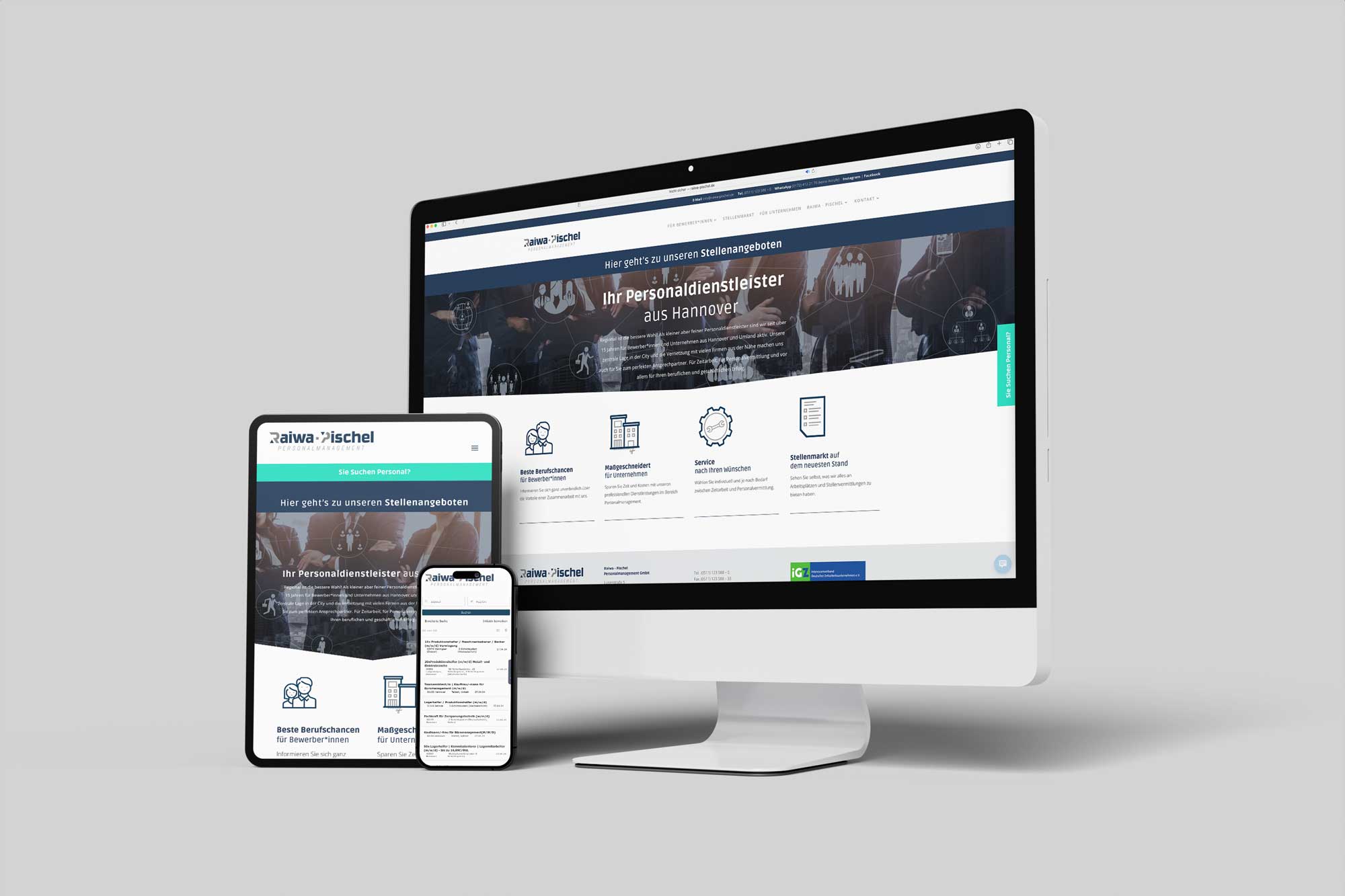 iMac, iPad und iPhone mit Webseite Raiwa Pischel